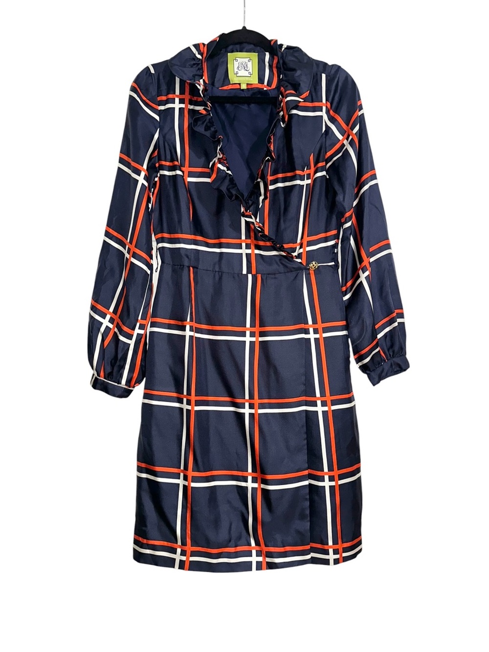 Elizabeth McKay Scotland Silk Navy Windowpane Plaid Ruffle Neck Wrap Dress 6